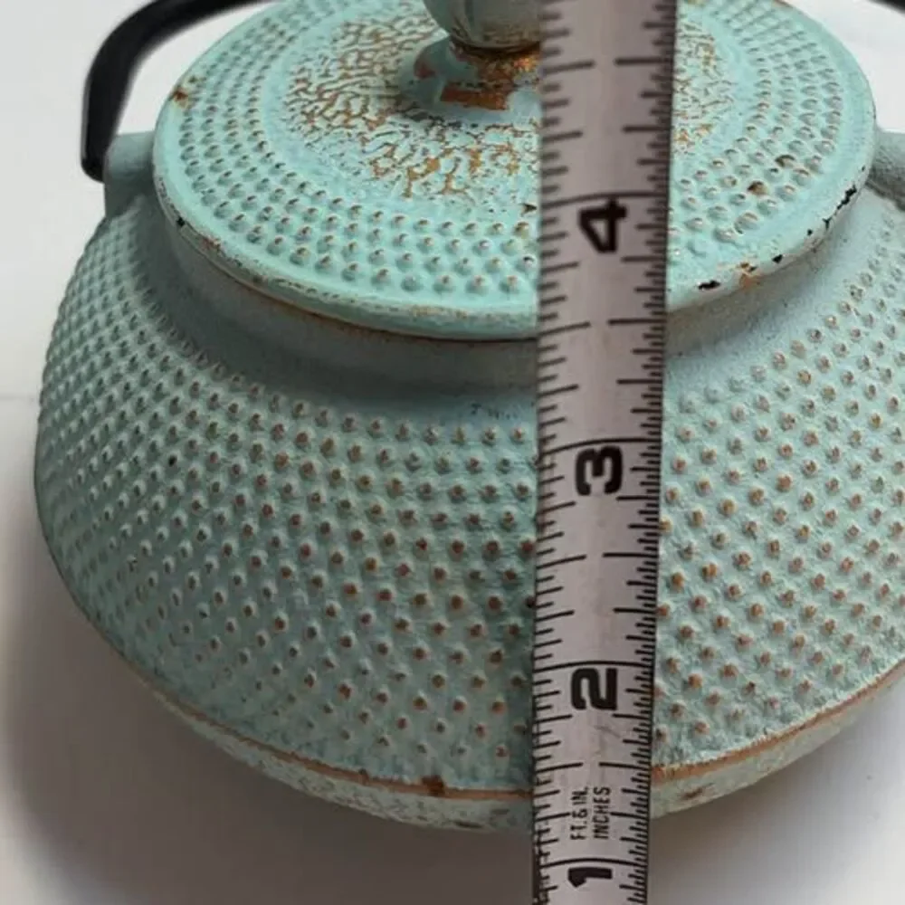 Vintage Japanese Tetsubin Cast Iron Teapot Turquoise Blue Hobnail Arare